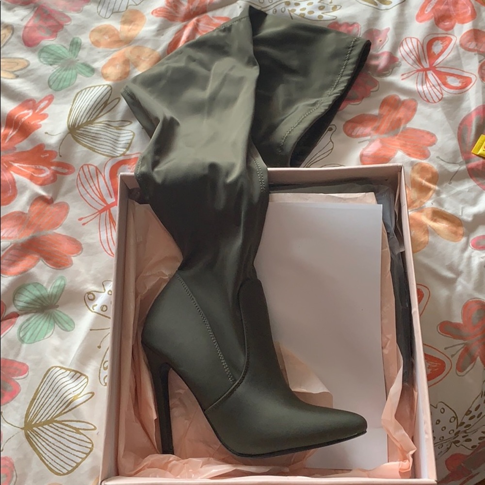Olive thigh-high heeled boots